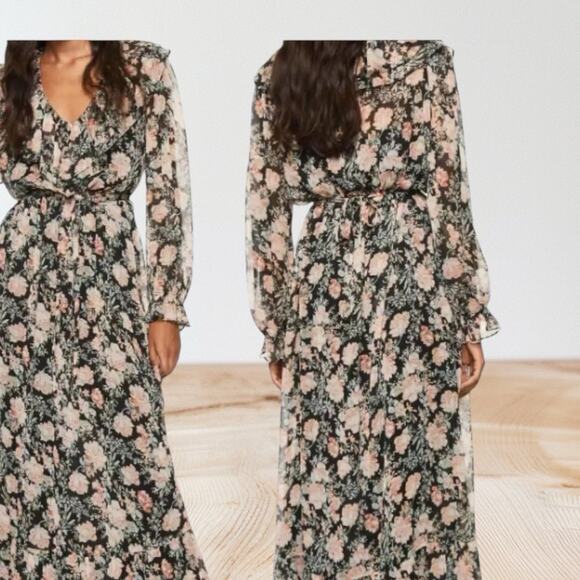 Mango MNG Maxi Dress Sz 8 Black Floral Print Ruffles Sheer Romantic Fairy Core - Picture 4 of 15